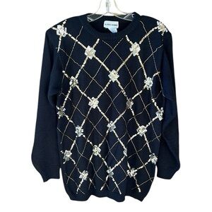 Vintage Alfred Dunner Black Sz M Beaded Sequin Argyle Sweater